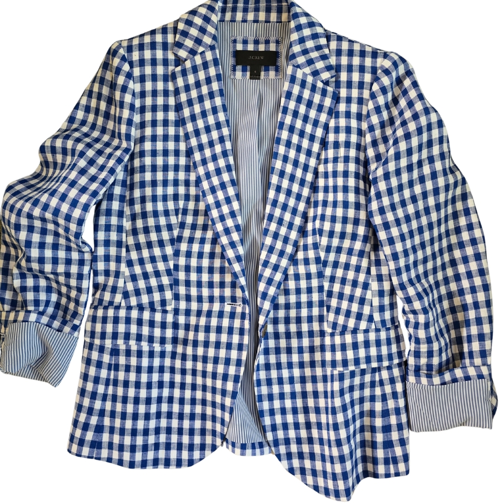 J. Crew Linen Blue and White Checkered Blazer